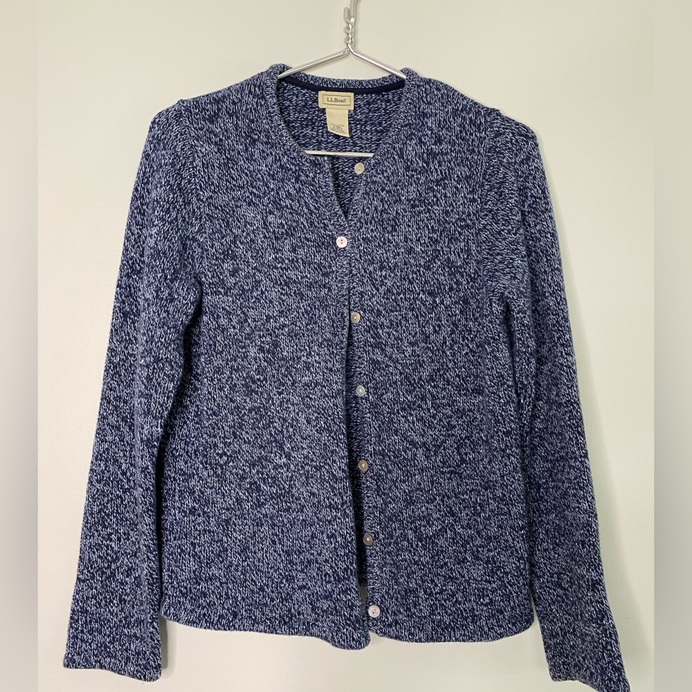 LL Bean speckled blue cotton button up cardigan sweater